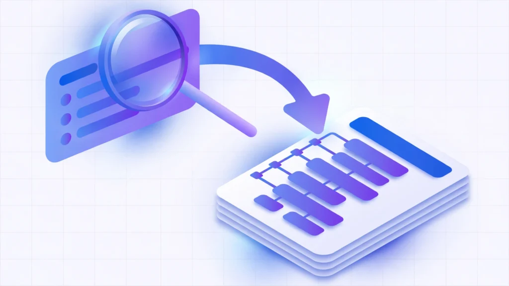 Illustration of an SEO blog outline being built from search results, with headings arranged under a magnifying glass