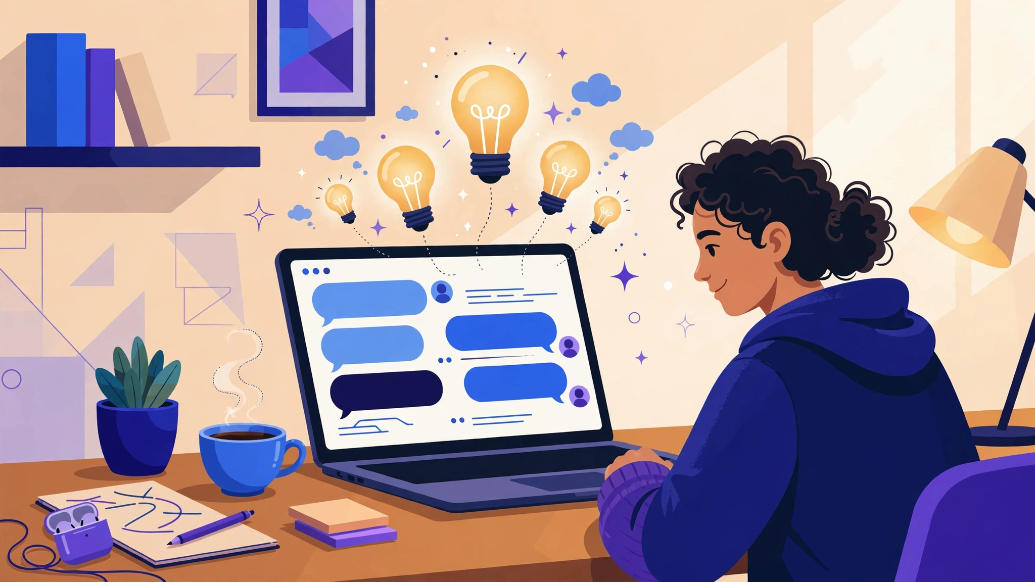 Illustration of a YouTube creator using AI chat to brainstorm video ideas
