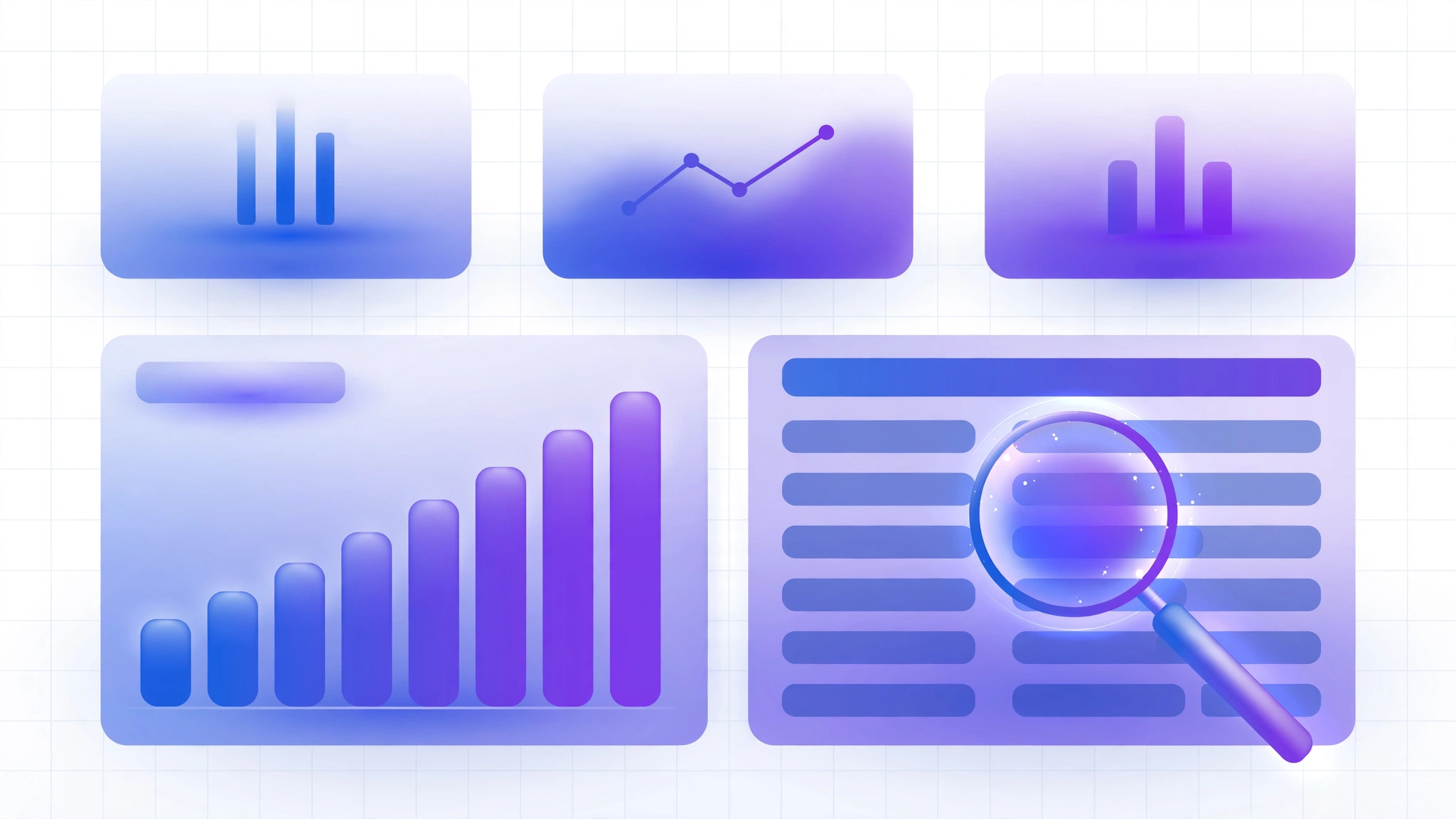 Illustration of a GA4-style campaign analytics dashboard with charts and a magnifying glass highlighting one campaign row