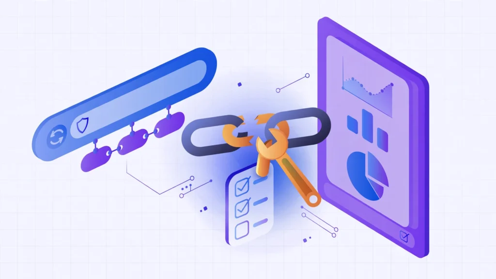 Illustration of a broken tracking link being repaired between a URL bar and an analytics dashboard