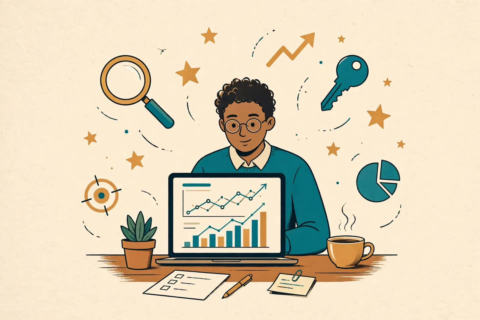Illustration of AI SEO tools helping a small business website rank higher