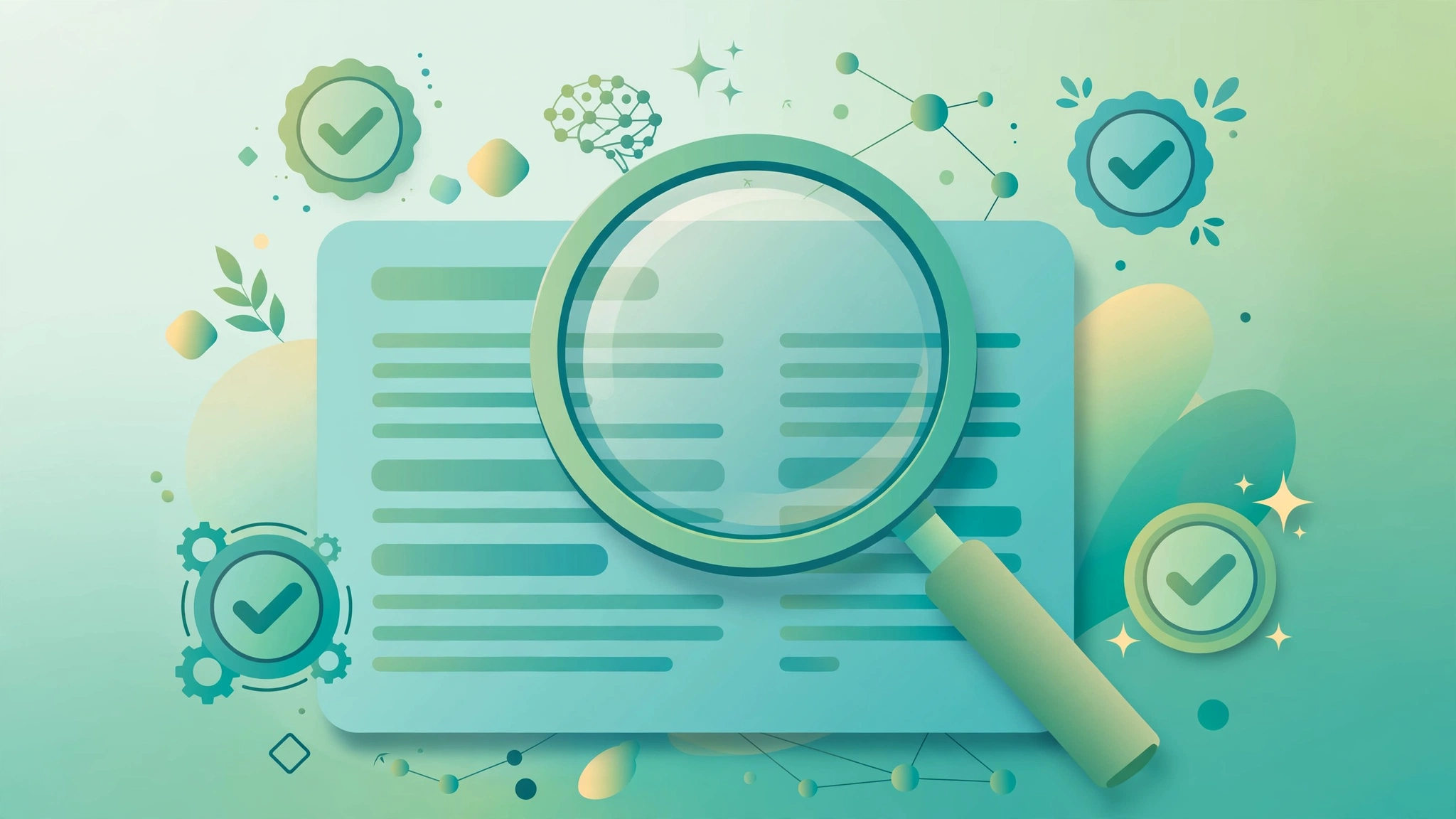 Illustration of a magnifying glass reviewing AI-written content with checkmarks